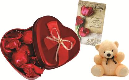 Skylofts Romantic Heart Shape Chocolate Tin Box Birthday Valentines Chocolate Gift Pack With A Cute Teddy And Birthday Card Combo