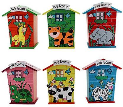 Art Bundle Money Safe Piggy Bank Wood House Animal Designs, Multi Color |Piggy Bank Wood House for Coins/money bank Crafts | Best Birthday return gifts for kids-Set of 6 Coin Bank