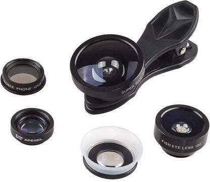 Apexel 5 in 1 Clip Glass Lens Kit for Mobile Phones Fish Eye, Wide Angle, 24x Macro and Polarizer Lens Mobile Phone Lens