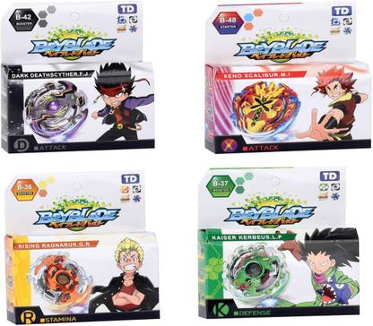 AncientKart Beyblade Burst Kaiser Kerbeus, Rising Ragnarok, Death Scyther, Xeno Xcalibur Set of 4 with Launcher & String