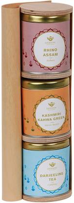 Goodwyn SCROLL TEA BOX, VENEER WOOD TEA GIFT BOX (RHINO ASSAM, DARJEELING TEA, KASHMIRI KAHWA), 150 GRAMS - BEST DIWALI GIFT Black Tea Festive Gift Box