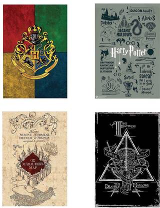WB Official Licensed Harry Potter Set of 4 Crest Icons / Typography Marauders Map and Deathly Hallow Poster A4 Paper Print