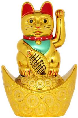 NITIN COLLECTION FENGSHUI/VASTU GOOD LUCK CAT ON INGOT FOR WEALTH Decorative Showpiece  -  9 cm
