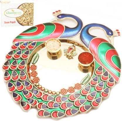 Ghasitaram Gifts BhaiDooj -Colourful Peacock Pooja Thali with 200 gms of Soan Papdi Combo