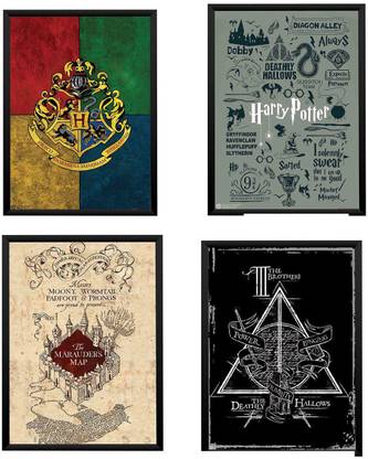 WB Official Licensed Harry Potter Set of 4 Crest Icons / Typography Marauders Map and Deathly Hallow Poster A3+ 13 x 19 inches Paper Print