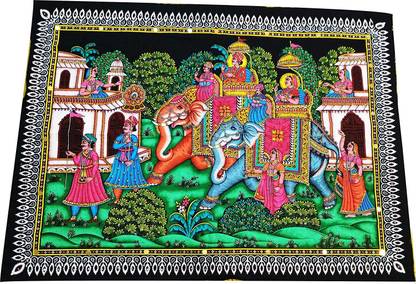 SAARTHI Rajasthani Decorative Handpainted Elegant Multicolour Elephant Tapestry Fabric Painting |Cloth Painting |Wall/Door Hanging Decor | Religious Art|Wall Frame Elephant Tapestry Tapestry