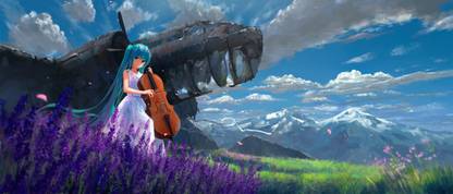Athah Anime Vocaloid White Dress Girl Mountain Cloud Hatsune Miku Violin Twinitails Long Hair Blue Hair Blue Eyes 13*19 inches Wall Poster Matte Finish Paper Print