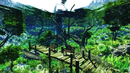 Athah Anime Original Tree Pier Green Reflection Row Boat Boat Bubble Underwater Water Bench 3D CGI 13*19 inches Wall Poster Matte Finish Paper Print