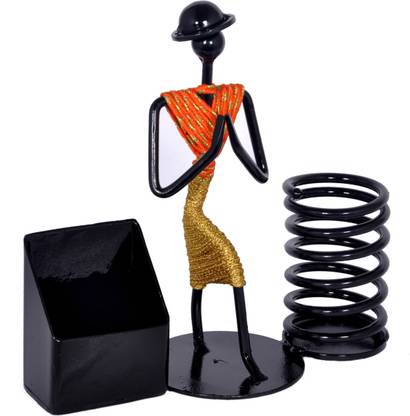 D&V ENGINEERING 2 Compartments IRON Pen,Pencil and Visiting card holder with attractive welcome gesture lady(orange & gold )