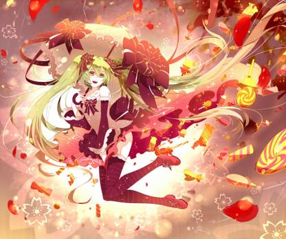 Athah Anime Vocaloid Hatsune Miku Twintails Long Hair Green Hair Thigh Highs Skirt Candy Flower Umbrella Bow 13*19 inches Wall Poster Matte Finish Paper Print