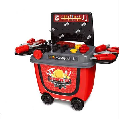 Jack Royal 2 in 1 Push Cart Tools Workbench Toy Play Set with Easy Storage Roller Case - 28 Piece
