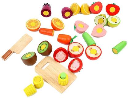 बेबी टिनटिन Wooden Realistic Velcro Slice-able Vegetables & Fruits Cutting Play Set Toy with Chopping Board and Knife (12 Piece)