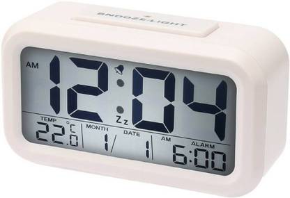 MANTAVYA Digital Smart Digital Alarm Clock with Automatic Sensor Backlight, Date & Temperature White Clock