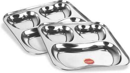Sumeet Stainless Steel 3 in 1 Pav Bhaji Plate / Compartment Plate 24.5cm Dia - Set of 2 Pcs Sectioned Plate