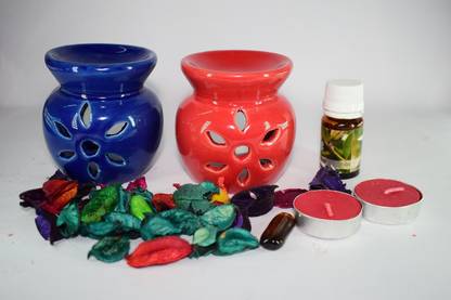 ब्राइट शॉप 2 (नीला और लाल रंग) फ्लोरल फ्रेग्रेन्स (10 ML) और 2 कैंडल्स का सेरॅमिक अरोमा एयर फ्रेशर टी लाइट डिफ्यूज़र कॉम्बो पैक डिफ्यूज़र सेट