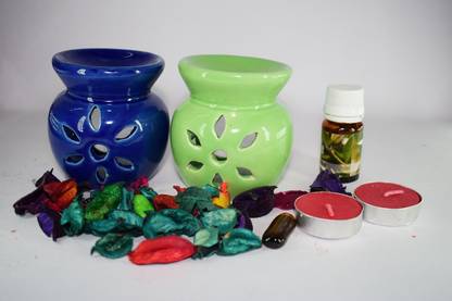 Bright Shop Ceramic Aroma Air Freshner Tea Light Diffuser Combo Pack of 2( Blue & Green Colour) Floral Fragrance (10ML) & 2 Candles Diffuser Set