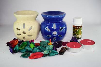 Bright Shop Ceramic Aroma Air Freshner Tea Light Diffuser Combo Pack of 2( White & Blue Colour) Floral Fragrance (10ML) & 2 Candles Diffuser Set Ceramic Aroma Air Freshner Tea Light Diffuser Combo Pack of 2( White & Blue Colour) Floral Fragrance (10ML) & 2 Candles