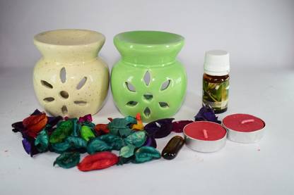 Bright Shop Ceramic Aroma Air Freshner Tea Light Diffuser Combo Diffuser Set Aroma Air Freshner Tea Light Diffuser Combo Pack of 2( Blue & Green Colour) Floral Fragrance (10ML) & 2 Candles