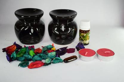 Bright Shop Ceramic Aroma Air Freshner Tea Light Diffuser Combo Pack of 2( Black Colour) Floral Fragrance (10ML) & 2 Candles Diffuser Set Aroma Air Freshner Tea Light Diffuser Combo Pack of 2( Blue & Green Colour) Floral Fragrance (10ML) & 2 Candles
