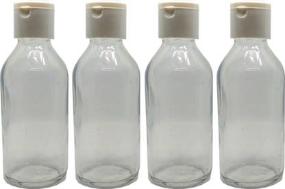 GIFTBASHINDIA Glass refillable Round Bottle with Flip Top Cap for Multi use,Set Of 4 Bottle