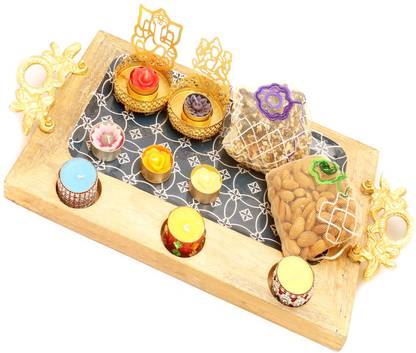 Ghasitaram Gifts Hampers-Big Wooden Serving platter with Shadow Laxmi Ganesha T-lite, 6 t-lites, Almonds and English Brittles Pouches Combo