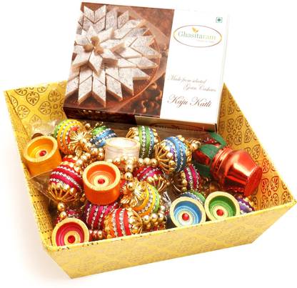 Ghasitaram Gifts Hampers-Yellow Basket with Kaju Katli, Toran and Diyas Combo