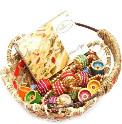 Ghasitaram Gifts Hampers-Jute Cane Basket with Soan Papdi, Toran and Diyas Combo