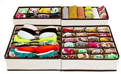 Gadget Bucket Drawer Divider Foldable Fabric Drawer Organizer for Innerwear 30 cm x 35 cm x 10.01 cm Set of 4 Beige