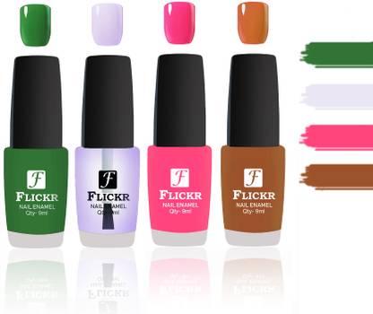 Flickr Evergreen Nail Polish Combo With Single Coat Application Green,Transparent,Peach,Brown