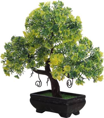 Foliyaj S Shaped Bonsai Tree With Green and Yellow Flowers in Brown Pot Bonsai Wild Artificial Plant  with Pot