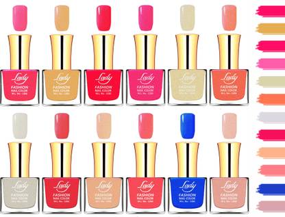 Lady FASHION Extra Shine Long Wear Durable Nail Polish Combo (Set of 12 Nail Polishes) Pink, Nude, Peach, Baby Pink, Red, Magenta, Voilet, Blue, Bright Pink, Silver, Mauve, Light Nude