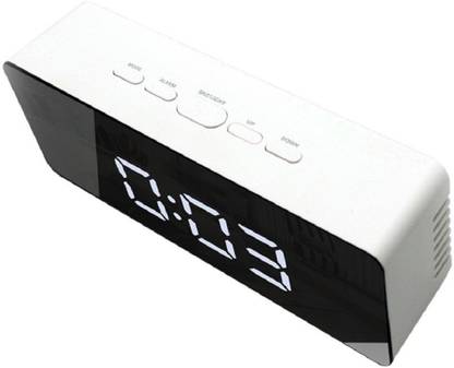 Buffy Digital Mirror Finish Clock With Dual Power Option (Rectangular), White Clock