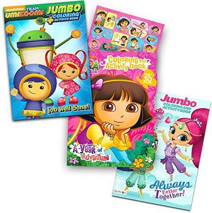Genrc Nickelodeon Jr Coloring Book Set -- 3 Books Featuring Shimmer and Shine, Team Umizoomi and Dora (Includes Dora Stickers)