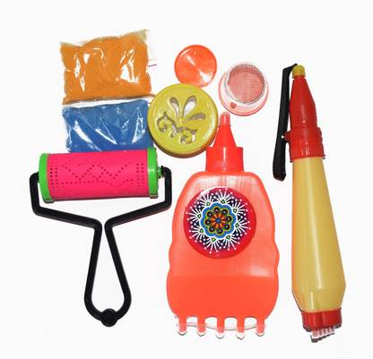 oramsa Combo of One Pen and one Patta Pen and one Roller and one Stamp and one Filler and two Dry Rangoli Colours (2*50=100 grams). Rangoli Stencil