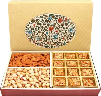 Ghasitaram Gifts Eco 4 Part Print 12 Pcs Roasted Almond Bites ,Almonds and Pistachios Hamper Box Combo
