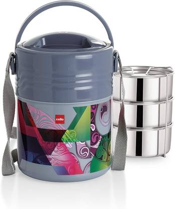 cello Stainless Steel 355ml, GREY 3 Containers Lunch Box