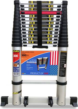 EURO Telescopic ladder 18 ft (5.4 m) - Stores at 3.5 ft - New 10x Stronger Sand Blasted Aluminium - Red Que safe step - Stabilizer & Wheel Kit Aluminium Ladder