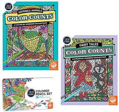 Mindware Color by Number Color Counts: Fairy Tales and Adorable Animals Set of 2 with Pencils