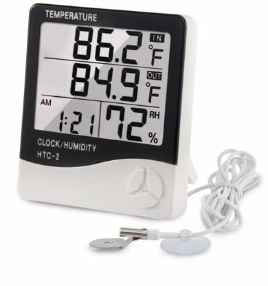 BALRAMA Digital HTC-2 Hygrometer LCD Humidity Meter Thermohygro HTC 2 Indoor Outdoor Humidity Tester Weather Station with Max/Min Memory + C°/F° Key + Temperature + Data Store + Time Function + Alarm Clock + Calendar + Relative Humidity Room Wall Thermometer with External Wired Probe Sensor Built-in Detector Electronic Temperature Gauge HTC2 Clock