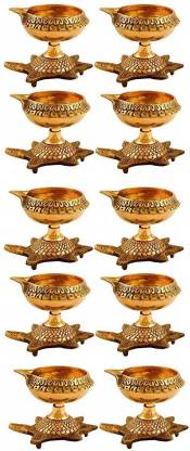 Deepawali Diya / Tea Light Holder / Christmas Decoration Indian Pooja Oil Lamp Golden Engraved Design Dia with Turtle Base 100% Pure Traditional Brass Diwali Diya 2 pc Set