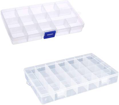 RKPM 15/24 Grid Cells Multipurpose Clear Transparent Plastic Storage Box with Removable Dividers- Combo 2 Pcs(1+1) Storage Box Vanity Box