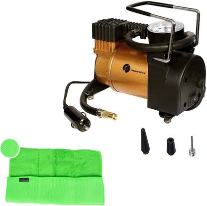 ALLEXTREME Tirewell 12V Tire Inflator and Microfiber Cleaning Cloth Direct Drive Metal Portable Pump with Dial Gauge Air Compressor Combo