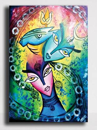PIXELARTZ Canvas Painting - Abstract Lord Shiva And Parvati (18 X 23) - Without Frame Digital Reprint 23 inch x 18 inch Painting
