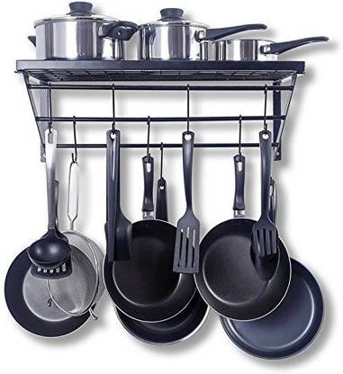 GEO FASHION Utensil Kitchen Rack Steel Geo Fashion ™ Kitchen Wall Pot Rack with Hooks Decorative Wall Mounted Storage Rack Multi-Purpose Shelf Organizer Great for Kitchen Cookware, Utensils, Pans, Books, Household Items,