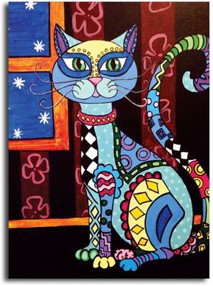PIXELARTZ Canvas Painting - Folk Art Cat Painting - Without Frame Digital Reprint 12 inch x 9 inch Painting