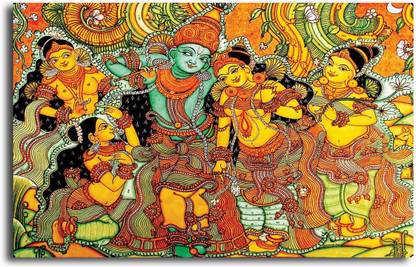 PIXELARTZ Canvas Painting - Kerala Mural Art Krishna In Vrindavan - Without Frame Digital Reprint 15 inch x 23 inch Painting