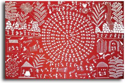 PIXELARTZ Canvas Painting - Warli Art - Without Frame Digital Reprint 15 inch x 23 inch Painting
