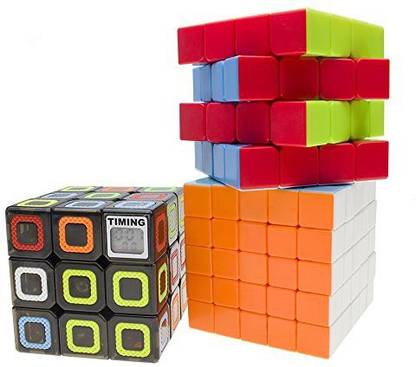 Genrc Magic Cube Set of 3, 3x3 Speed Cubing with Timer Counting, 4x4 5x5 Stickerless Speed Cube Puzzle Twist Toys for Kids and Adults