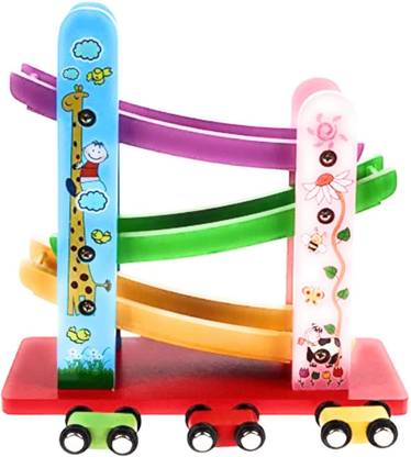 FK RETAIL 3-Level Wooden Multi-Color Ramp Racer Miniature Speeding Car Toy, Race Track Set (3+Years)