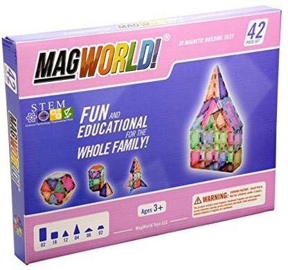 MagWorld Toys Magnetic Construction Pastel Colors-42 Piece Set. Create 2D 3D Shapes, Figures & Architecture. Stem Play Age 3 Up.